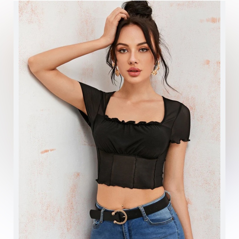 Shein Sheer Black Cropped Ruched Blouse with lettuce edges XS 3/$15